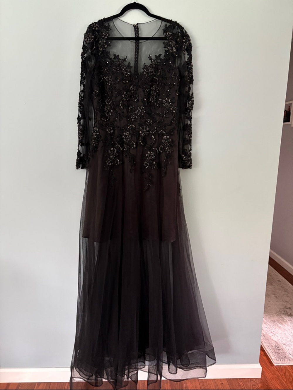 Elegant Black Beaded Long Sleeve Evening Gown